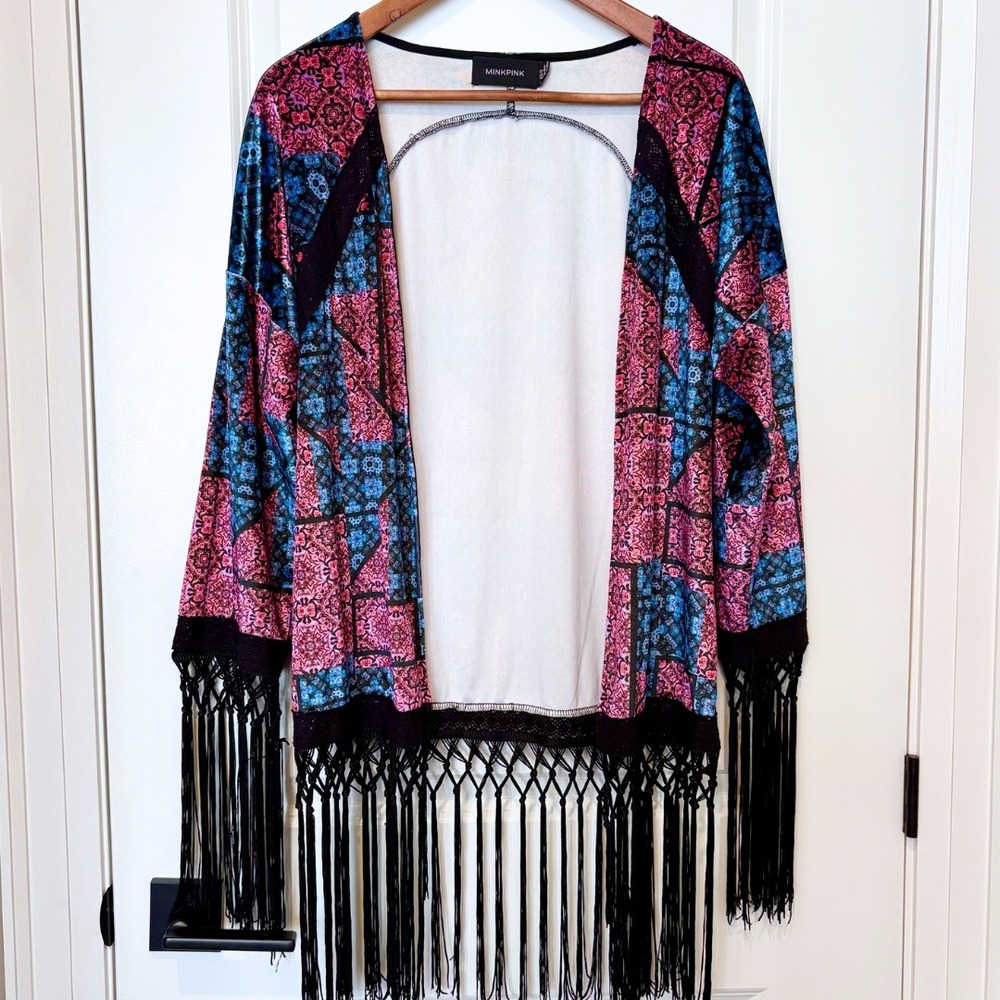 Fringe Hem Jewel Tone Pink & Blue Patterned Velour Open Cardigan – MINKPINK, XS
